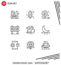 Universal Icon Symbols Group of 9 Modern Outlines of real; shield; energy; under construction; construction barrier Editable Vector Design Elements