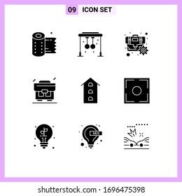 Universal Icon Symbols Group of 9 Modern Solid Glyphs of shop front; buildings; briefcase; money; business Editable Vector Design Elements