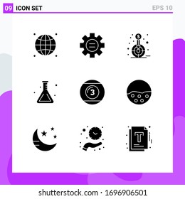 Universal Icon Symbols Group of 9 Modern Solid Glyphs of cue ball; flask; finance; lab; target Editable Vector Design Elements
