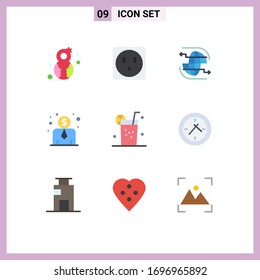 Universal Icon Symbols Group of 9 Modern Flat Colors of cinema; juice; internet; healthy; employee salary Editable Vector Design Elements
