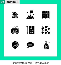 Universal Icon Symbols Group of 9 Modern Solid Glyphs of coding; time; user; digital; alarm Editable Vector Design Elements