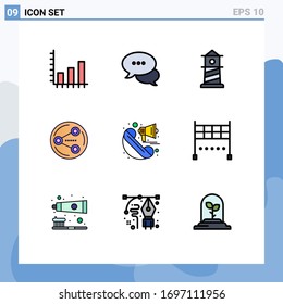 Universal Icon Symbols Group of 9 Modern Filledline Flat Colors of loudspeaker; announcement; beach; media; sharing Editable Vector Design Elements