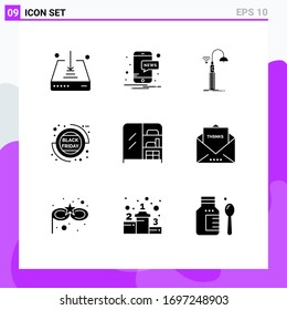 Universal Icon Symbols Group of 9 Modern Solid Glyphs of interior; sale; street; percentage; sale discount Editable Vector Design Elements