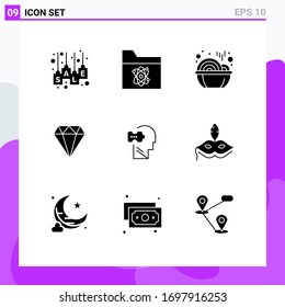 Universal Icon Symbols Group of 9 Modern Solid Glyphs of logic; jewelry; space; jewel; year Editable Vector Design Elements
