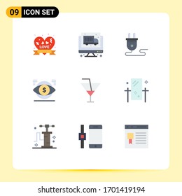 Universal Icon Symbols Group of 9 Modern Flat Colors of glass; vision; energy; finance; dollar Editable Vector Design Elements