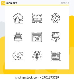 Universal Icon Symbols Group of 9 Modern Outlines of wedding; love; women day; cake; pin Editable Vector Design Elements