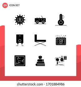Universal Icon Symbols Group of 9 Modern Solid Glyphs of appointment; rest; weather; interior; chair Editable Vector Design Elements