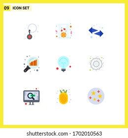 Universal Icon Symbols Group of 9 Modern Flat Colors of light; bulb; switch; search stats; graph analysis Editable Vector Design Elements