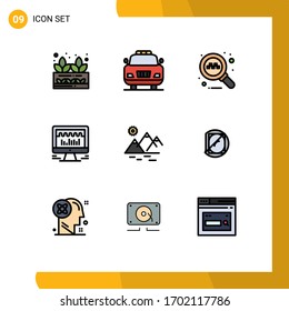 Universal Icon Symbols Group of 9 Modern Filledline Flat Colors of farming; mountain; search; environment; beat Editable Vector Design Elements