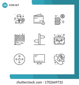 Universal Icon Symbols Group of 9 Modern Outlines of direction; thanksgiving; wallet; flag; investment Editable Vector Design Elements