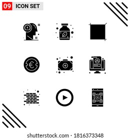 Universal Icon Symbols Group of 9 Modern Solid Glyphs of bag; investment; herbal medicine; finance; coin Editable Vector Design Elements