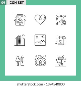Universal Icon Symbols Group of 9 Modern Outlines of gallery; estate; gift; building; liver Editable Vector Design Elements