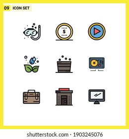 Símbolos de iconos universales Grupo de 9 colores planos de línea plana modernos de relajación; hoja; vídeo; gotas; elementos de diseño de vectores editables por tierra