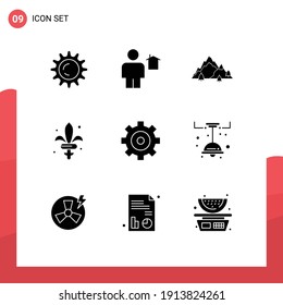 Universal Icon Symbols Group of 9 Modern Solid Glyphs of control; weapon; mountain; sword; tree Editable Vector Design Elements