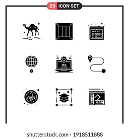 Universal Icon Symbols Group of 9 Modern Solid Glyphs of croos; globe; logistic; global; wireframe Editable Vector Design Elements