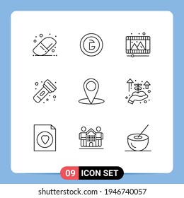 Universal Icon Symbols Group of 9 Modern Outlines of map; torch; play; light; camping Editable Vector Design Elements