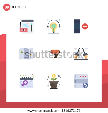 Universal Icon Symbols Group of 9 Modern Flat Colors of broom; cordless; new; machine; drill Editable Vector Design Elements