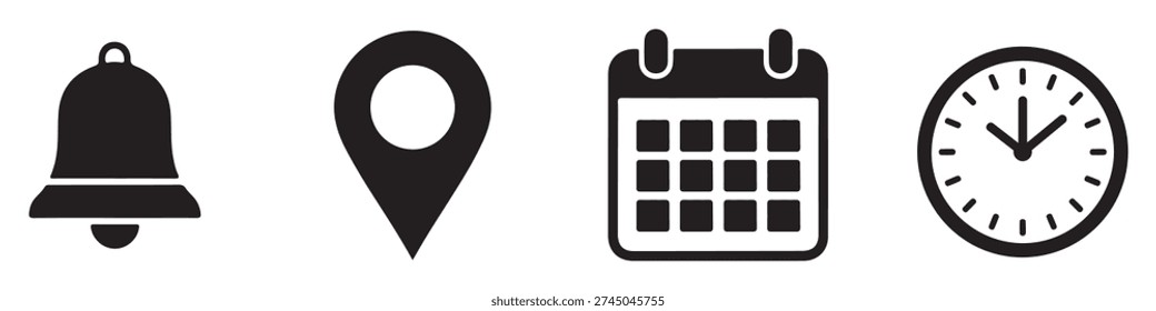 Universal Icons for Alerts, Places, and Scheduling, Notification, Location, and Calendar Symbols Set