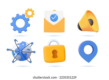 Universal icons. Clock, pin, gear, lock, speaker, map, globe. 3d render vector icon set. Website icons, 3D symbols. Business and interface modern icons set. Modern blue 3D icons for website, app