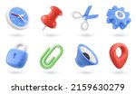 Universal icons. Clock, pin, scissors, gear, lock, paper clip, speaker, map. 3d render vector icon set
