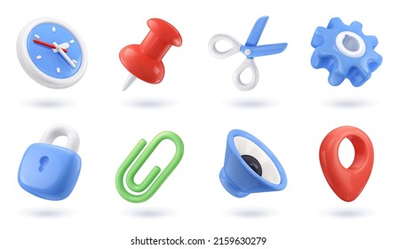 Universal icons. Clock, pin, scissors, gear, lock, paper clip, speaker, map. 3d render vector icon set - Shutterstock ID 2159630279