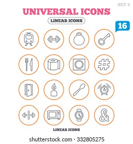 Universal icons. Fitness dumbbell, home key and candle. Toilet paper, knife and fork. Microwave oven. Circle buttons on white. Vector