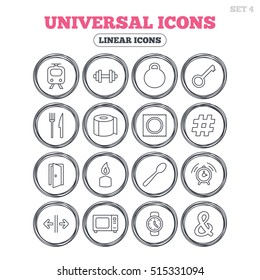 Universal icons. Fitness dumbbell, home key and candle. Toilet paper, knife and fork. Microwave oven. Circle flat buttons with linear icons. Vector