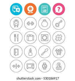Universal icons. Fitness dumbbell, home key and candle. Toilet paper, knife and fork. Microwave oven. Report document, question and answer icons. Web camera sign. Vector