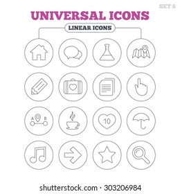Universal icons. House building, speech bubbles and first aid box. Copy documents, like counter and hot coffee drink. Map pointer, arrow and favorite star. Circle buttons on white. Vector