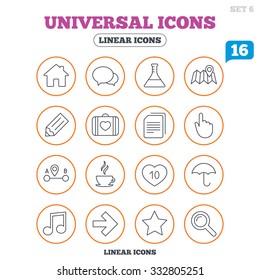 Universal icons. House building, speech bubbles and first aid box. Copy documents, like counter and hot coffee drink. Map pointer, arrow and favorite star. Circle buttons on white. Vector