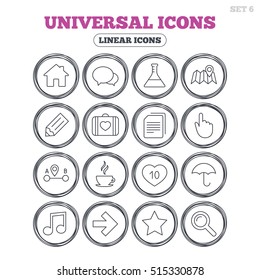 Universal icons. House building, speech bubbles and first aid box. Copy documents, like counter and hot coffee drink. Map pointer, arrow and favorite star. Circle flat buttons with linear icons