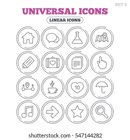 Universal icons. House building, speech bubbles and first aid box. Copy documents, like counter and hot coffee drink. Map pointer, arrow and favorite star. Circle flat buttons with linear icons