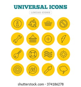 Universal icons. Information, shopping basket and shower. Repair tool, home key and brush. Comic speech bubble, target aim and quotes. Linear icons on yellow buttons.