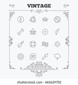Universal icons. Information, shopping basket and shower. Repair tool, home key and brush. Comic speech bubble, target aim and quotes. Vintage ornament patterns. Decoration design elements. Vector
