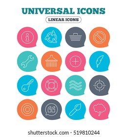 Universal icons. Information, shopping basket and shower. Repair tool, home key and brush. Comic speech bubble, target aim and quotes. Flat speech bubbles with linear icons. Vector