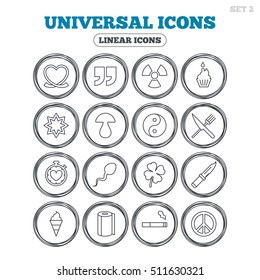 Universal icons. Quotes, ribbon heart and cake. Clover, mushroom and ice cream. Smoking, knife and fork. Circle flat buttons with linear icons. Vector