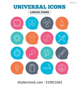 Universal icons. Quotes, ribbon heart and cake. Clover, mushroom and ice cream. Smoking, knife and fork. Flat speech bubbles with linear icons. Vector