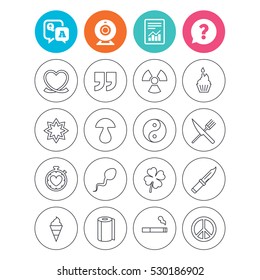 Universal icons. Quotes, ribbon heart and cake. Clover, mushroom and ice cream. Smoking, knife and fork. Report document, question and answer icons. Web camera sign. Vector