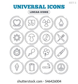 Universal icons. Quotes, ribbon heart and cake. Clover, mushroom and ice cream. Smoking, knife and fork. Circle flat buttons with linear icons. Vector