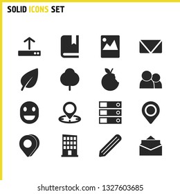 Universal icons set with 3d pin, location and building elements. Set of universal icons and message concept. Editable vector elements for logo app UI design.