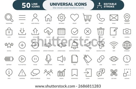 Universal icons set. 50 most used modern symbols. Thin line vector illustration editable stroke. Interface symbols, business, finance, commerce, marketing, web design