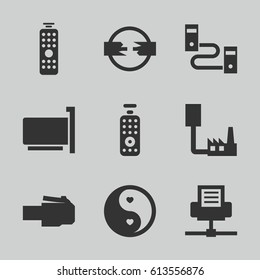 Universal icons set. set of 9 universal filled icons such as yin yang, remote control, phone cable, phone connection cable