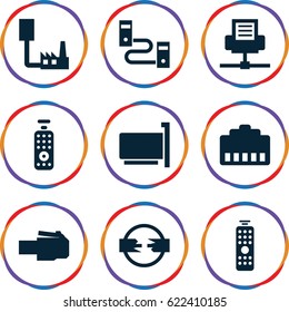 Universal icons set. set of 9 universal filled icons such as remote control, phone cable, phone connection cable