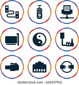 Universal icons set. set of 9 universal filled icons such as yin yang, remote control, phone cable, phone connection cable