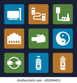 Universal icons set. set of 9 universal filled icons such as yin yang, remote control, phone cable, phone connection cable