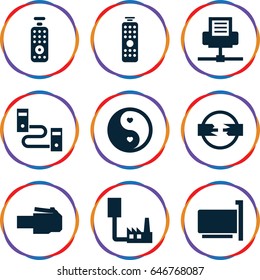 Universal icons set. set of 9 universal filled icons such as yin yang, remote control, phone cable, phone connection cable