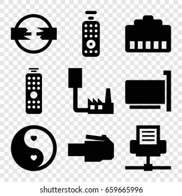 Universal icons set. set of 9 universal filled icons such as yin yang, remote control, phone cable, phone connection cable