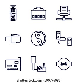 universal icons set. Set of 9 universal outline icons such as yin yang, remote control, phone cable, phone connection cable