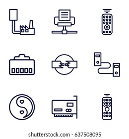Universal icons set. set of 9 universal outline icons such as yin yang, remote control, phone cable, phone connection cable