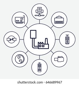 Universal icons set. set of 9 universal outline icons such as yin yang, remote control, phone cable, phone connection cable